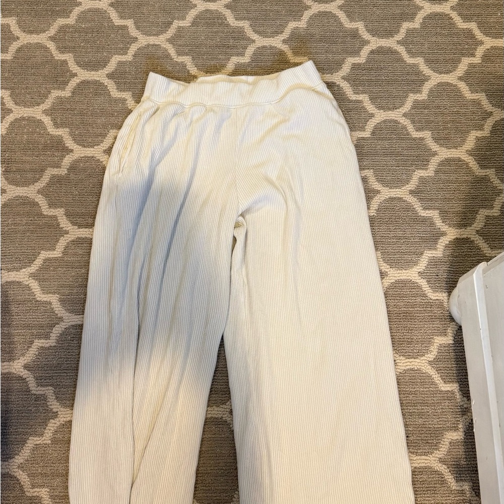 Cream Ribbed Wide-Leg Pants Hollister
